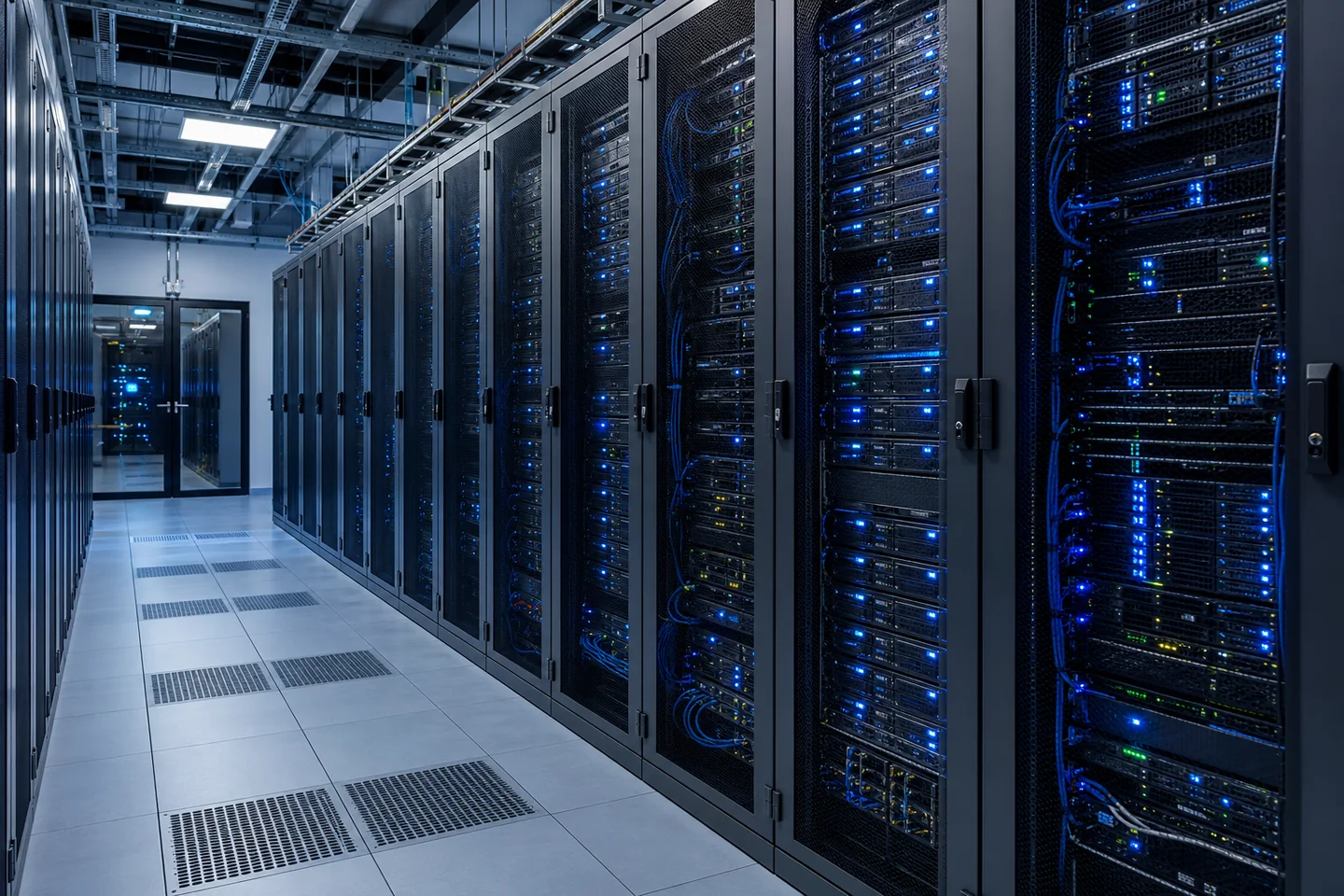 Modern dedicated server racks in a secure data centre