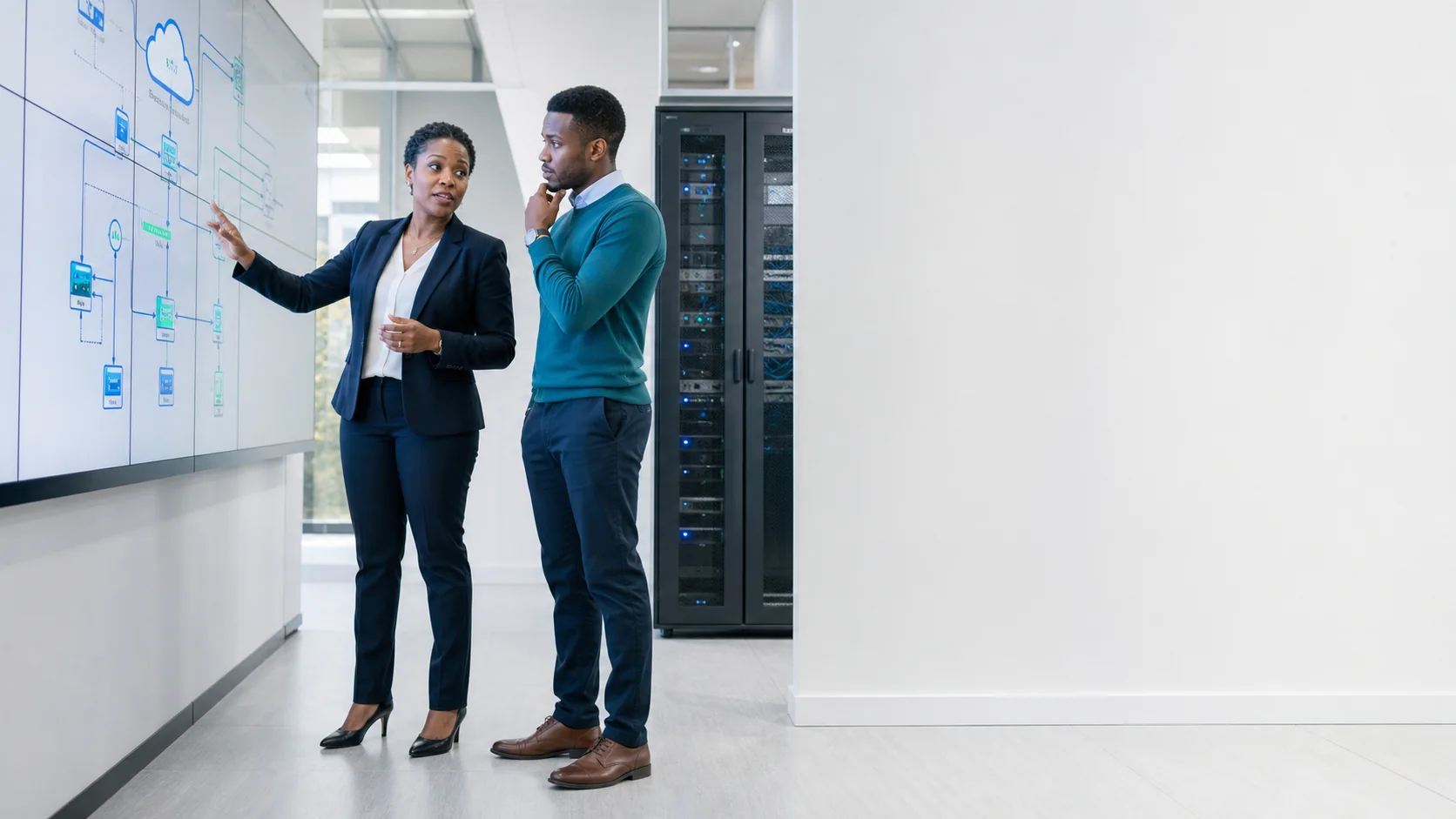 African technology consultants reviewing cloud and network architecture