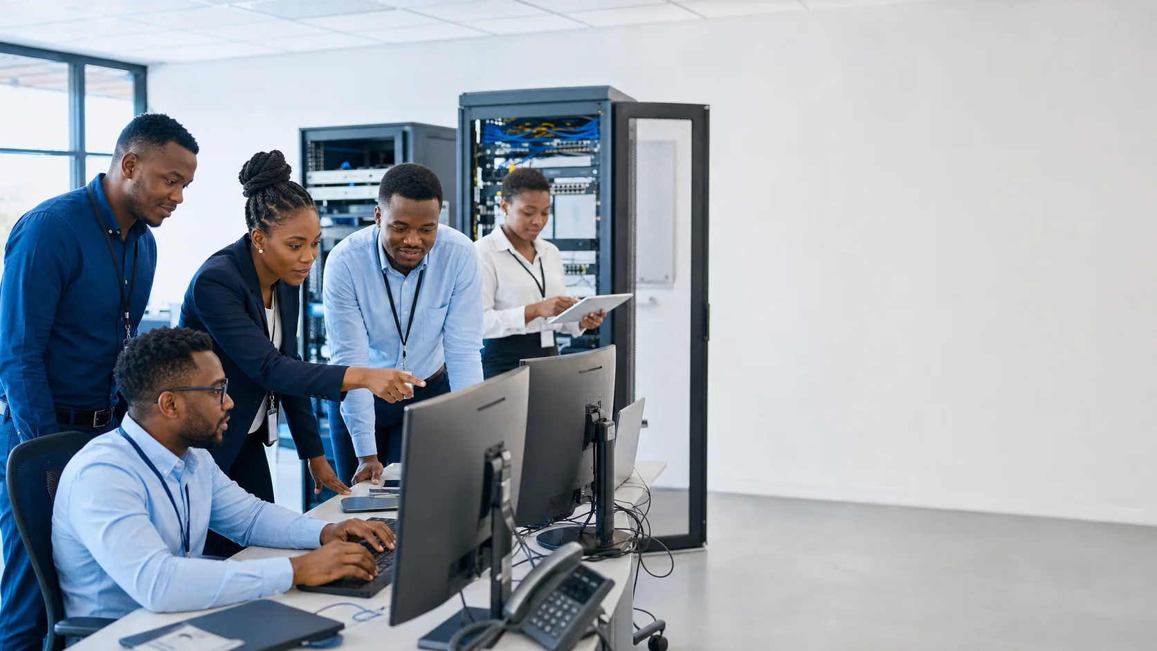 African managed IT professionals working in a network operations centre