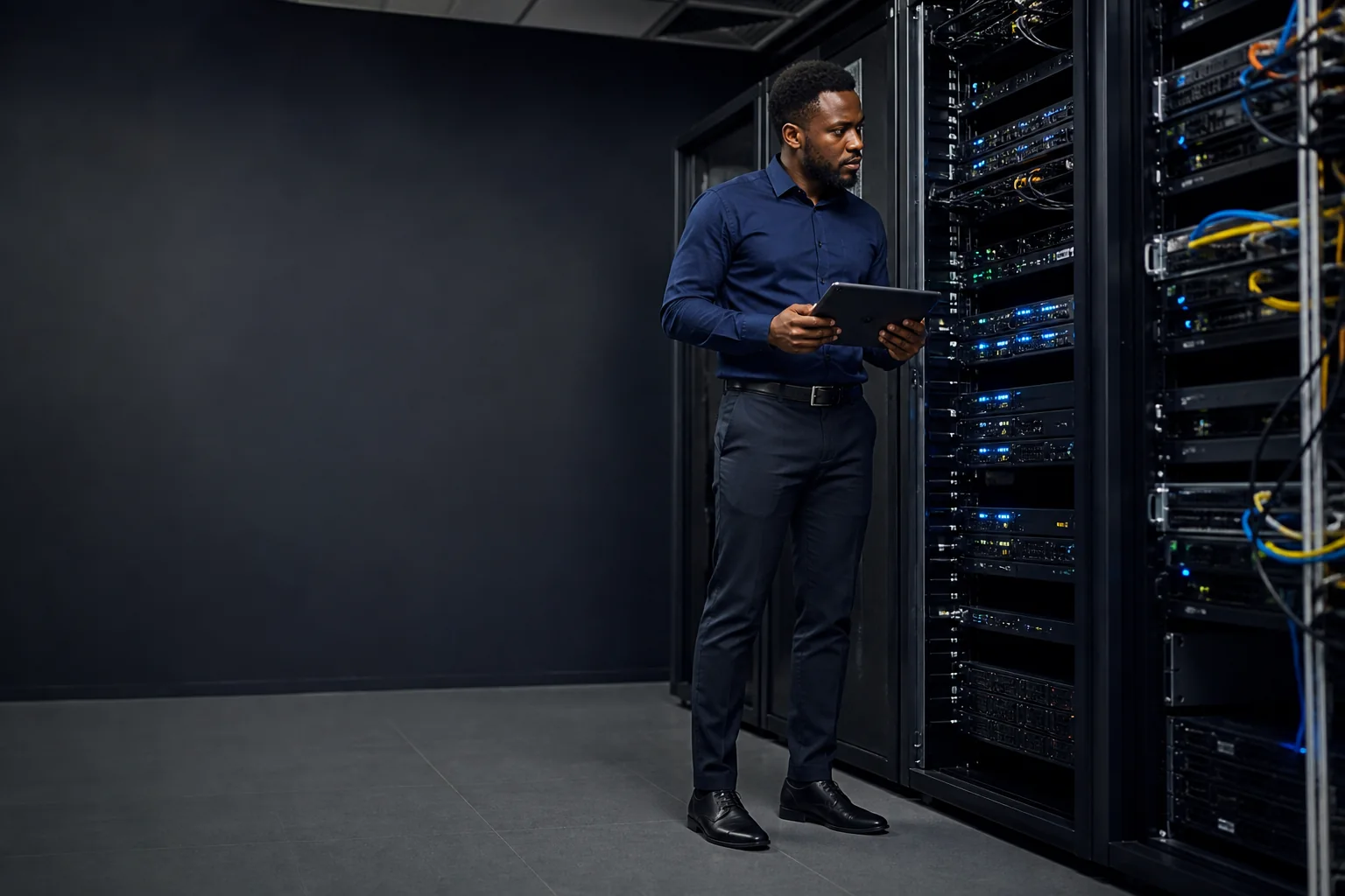 African infrastructure engineer working in a modern data centre