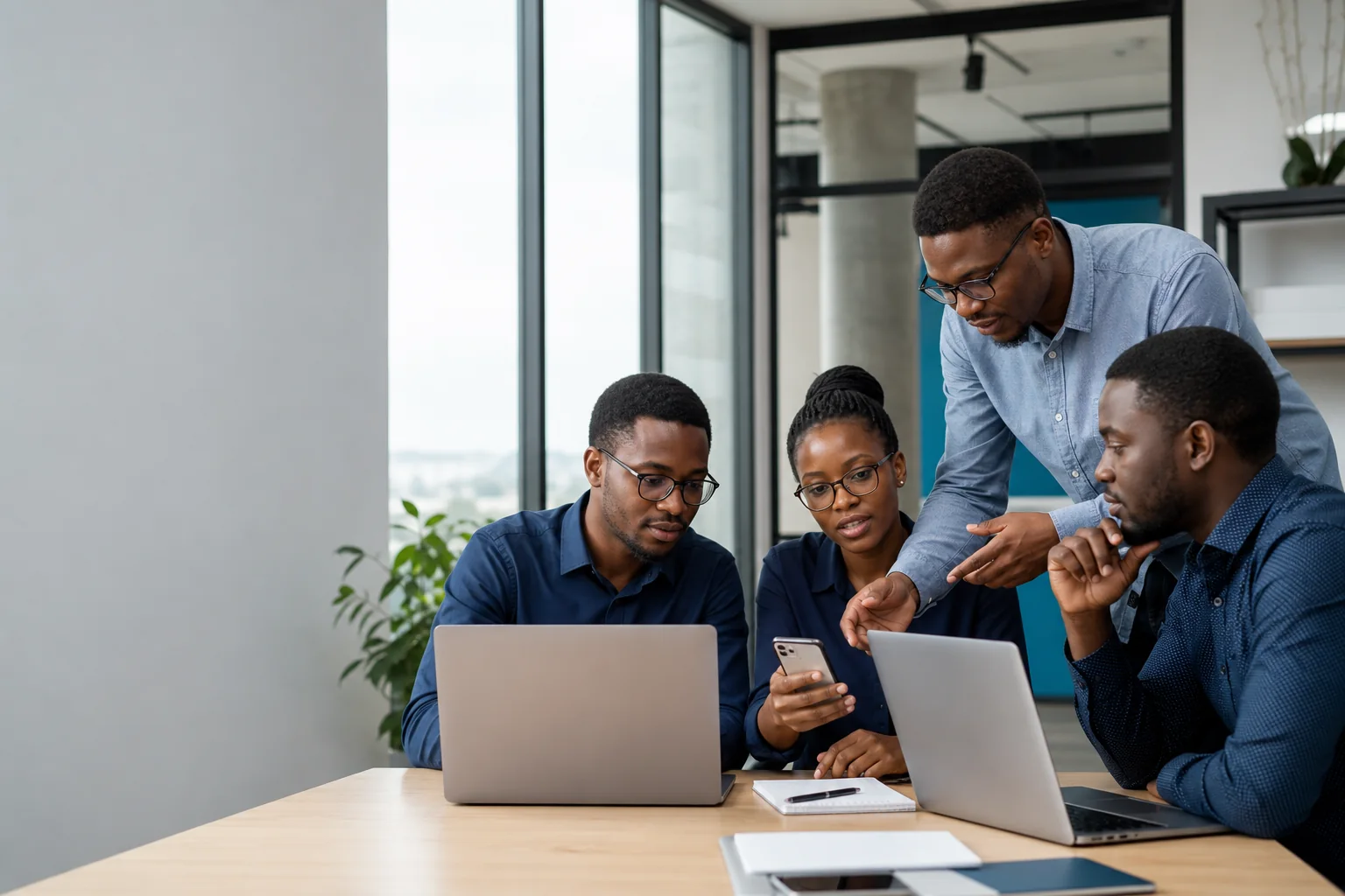Black African software team planning a custom business system in a modern Windhoek office
