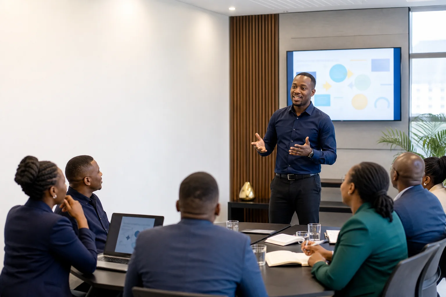 Black African facilitator presenting clear business information to professionals